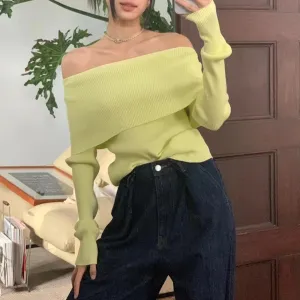 Solid Slimming Knitting Sweaters For Women Slash Neck Long Sleeve Cold Shoulder Temperament Sweater Female Fashion