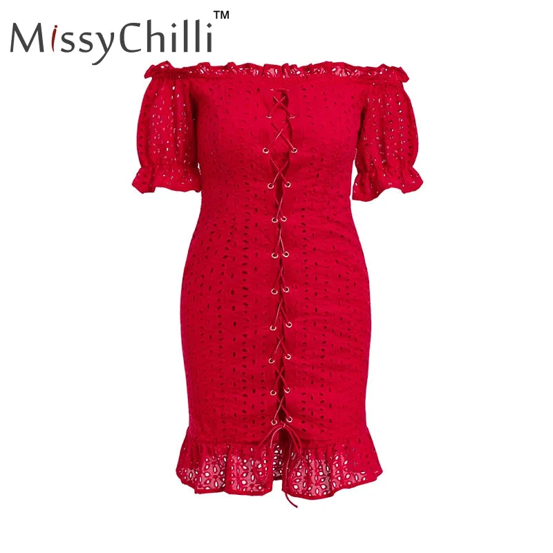 VenusFox Red ruffle off shoulder lace up sexy summer dress