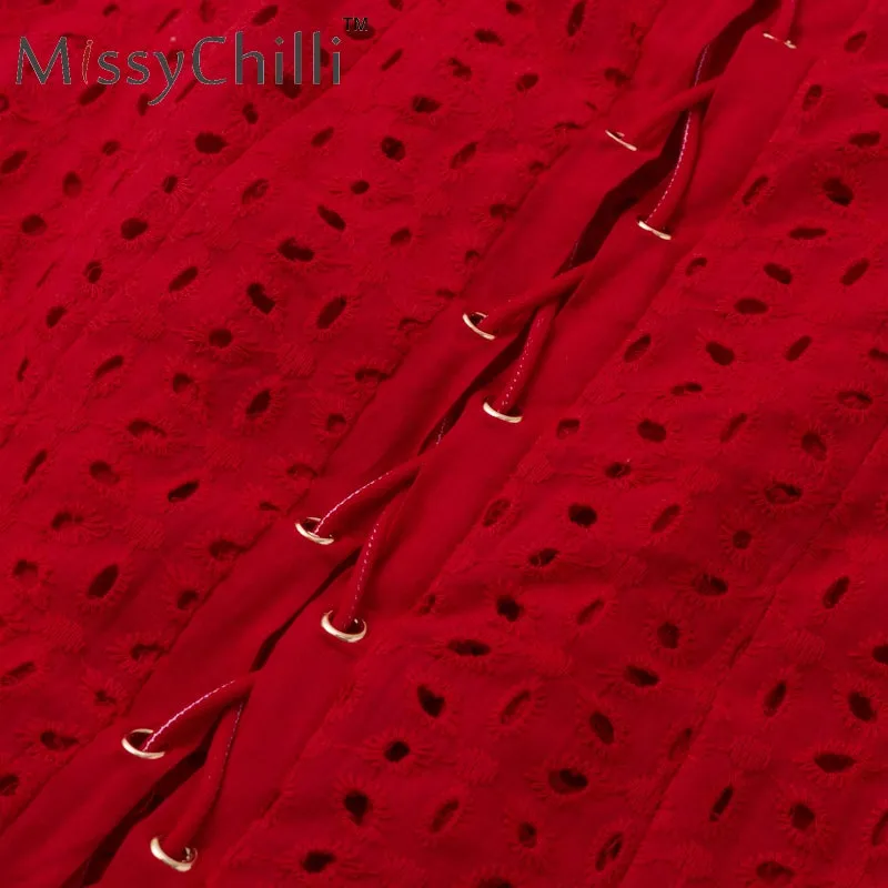VenusFox Red ruffle off shoulder lace up sexy summer dress