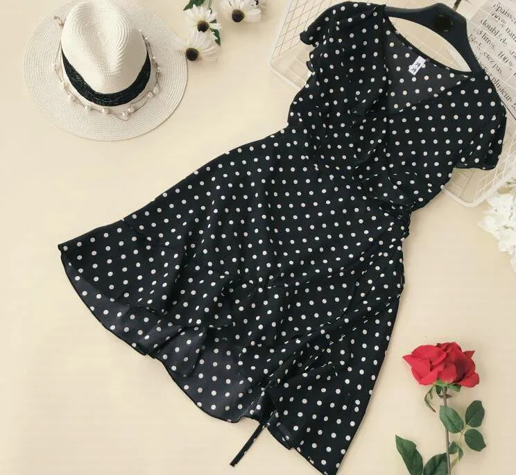 VenusFox Summer Polka Dot Wrapped Ruffles Dress