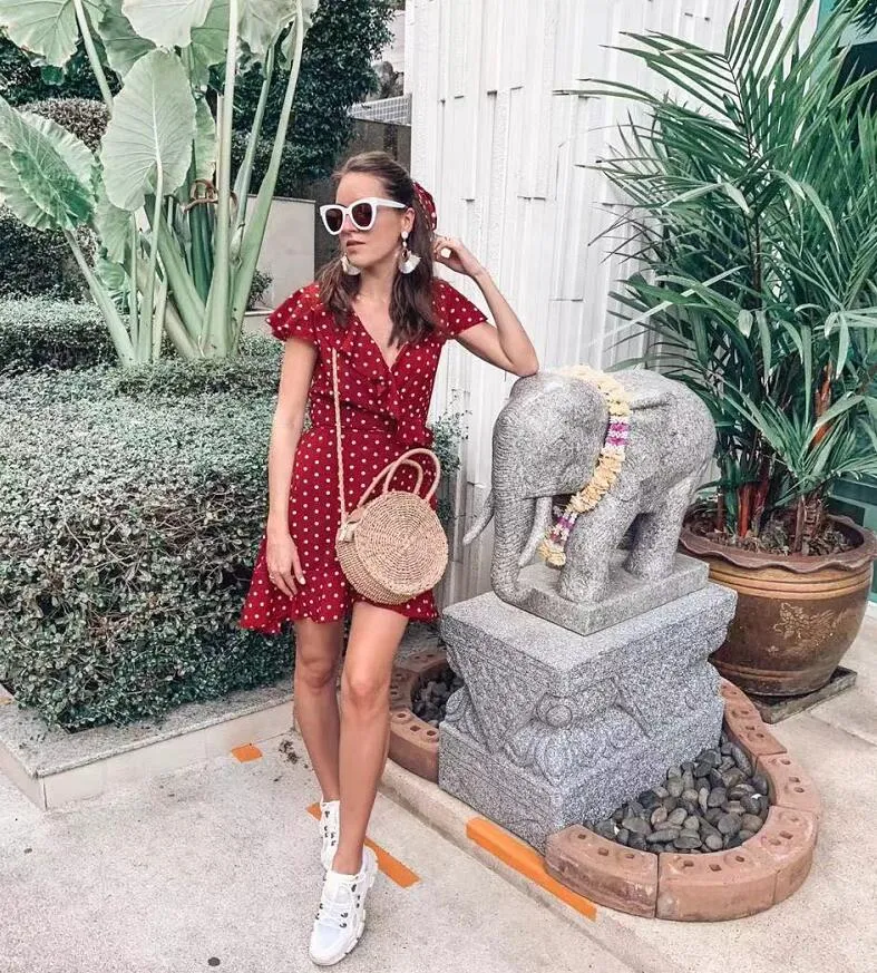 VenusFox Summer Polka Dot Wrapped Ruffles Dress
