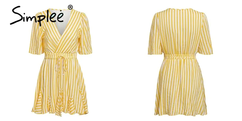 VenusFox Vintage striped  V neck ruffle cotton short summer dress