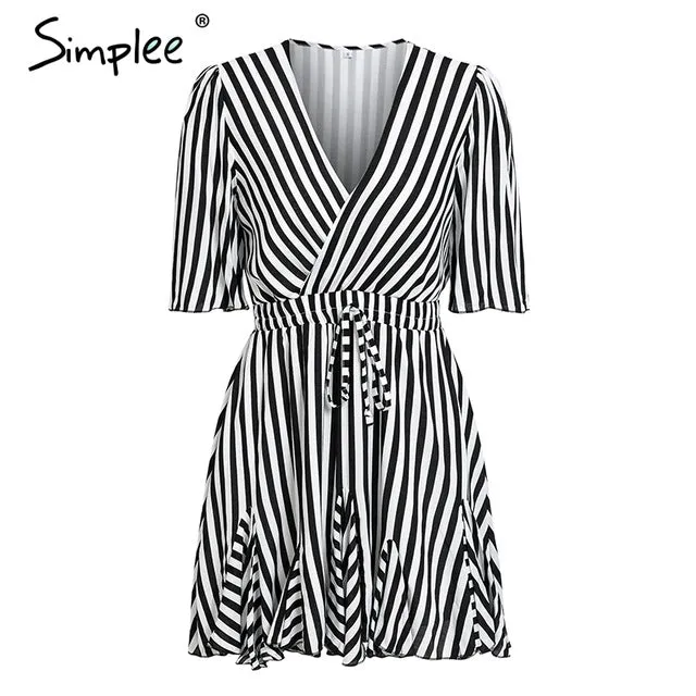 VenusFox Vintage striped  V neck ruffle cotton short summer dress