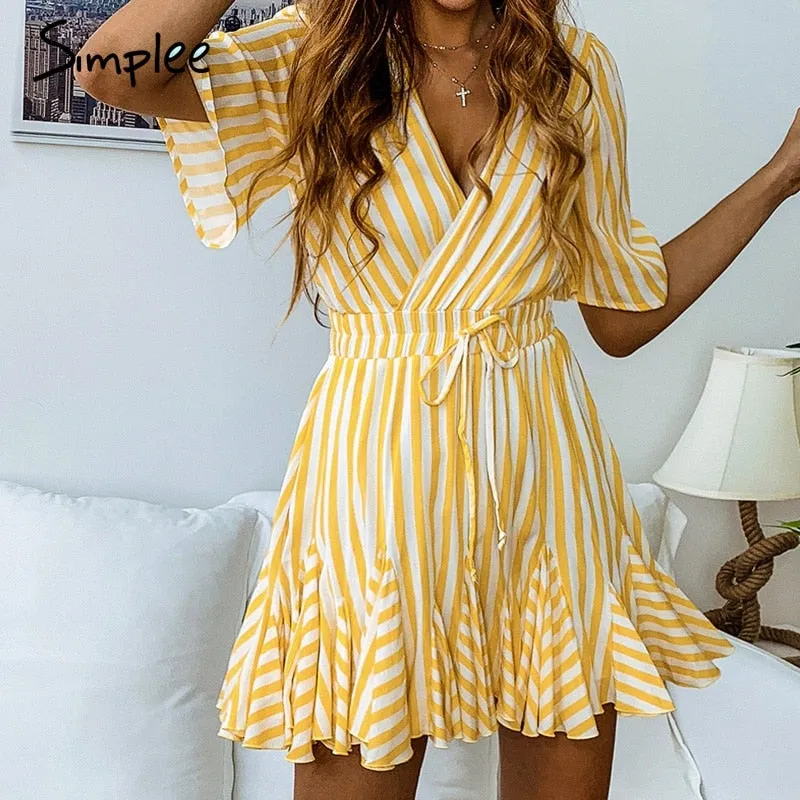 VenusFox Vintage striped  V neck ruffle cotton short summer dress