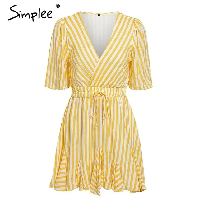 VenusFox Vintage striped  V neck ruffle cotton short summer dress