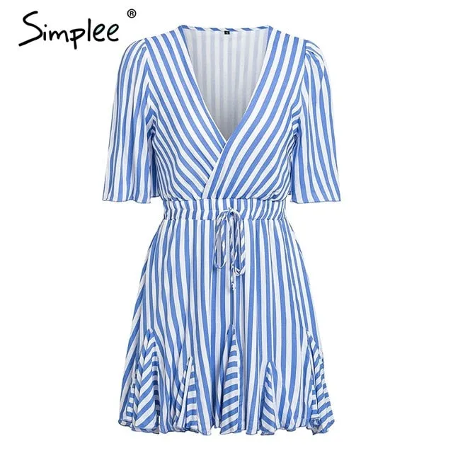 VenusFox Vintage striped  V neck ruffle cotton short summer dress