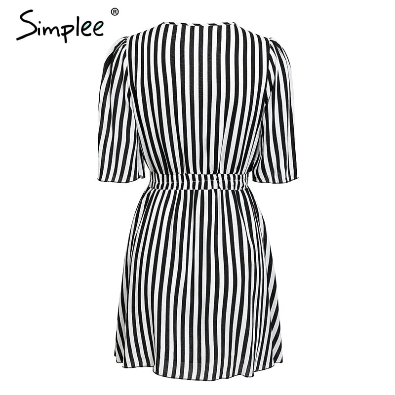 VenusFox Vintage striped  V neck ruffle cotton short summer dress