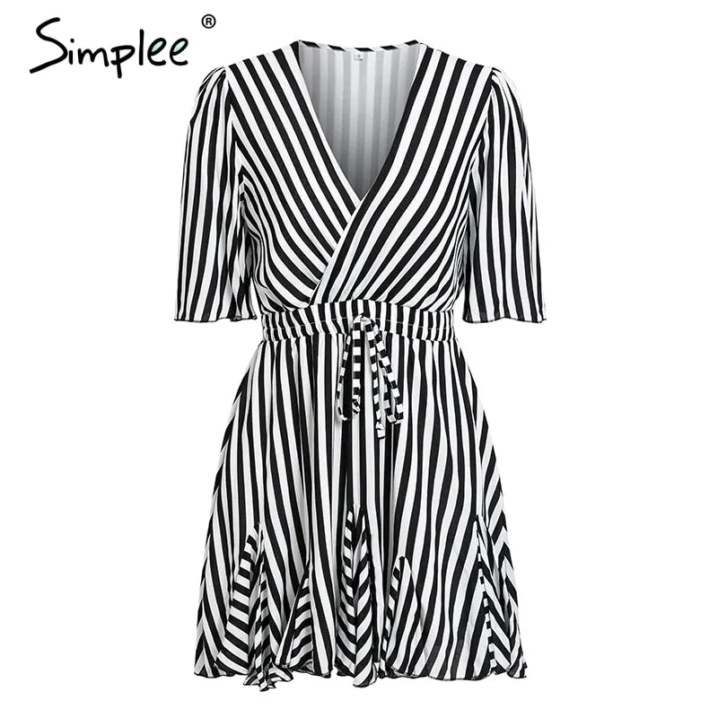 VenusFox Vintage striped  V neck ruffle cotton short summer dress