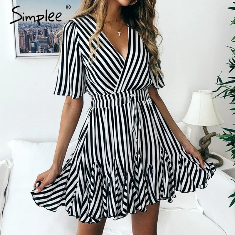 VenusFox Vintage striped  V neck ruffle cotton short summer dress