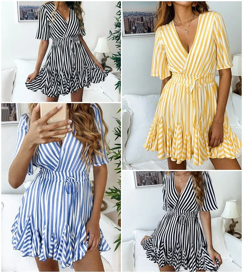 VenusFox Vintage striped  V neck ruffle cotton short summer dress