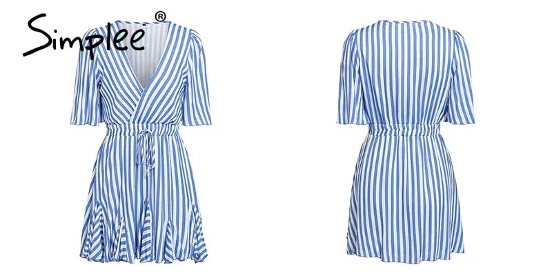VenusFox Vintage striped  V neck ruffle cotton short summer dress