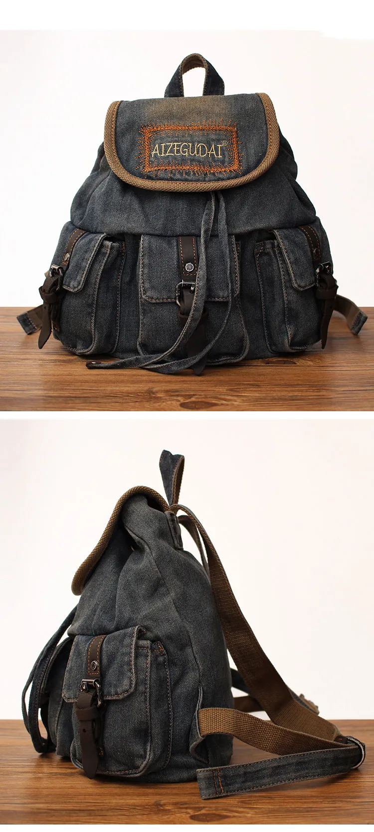 Vintage Womens Denim Backpack School Backpack Bag Blue Denim School Rucksack For Women