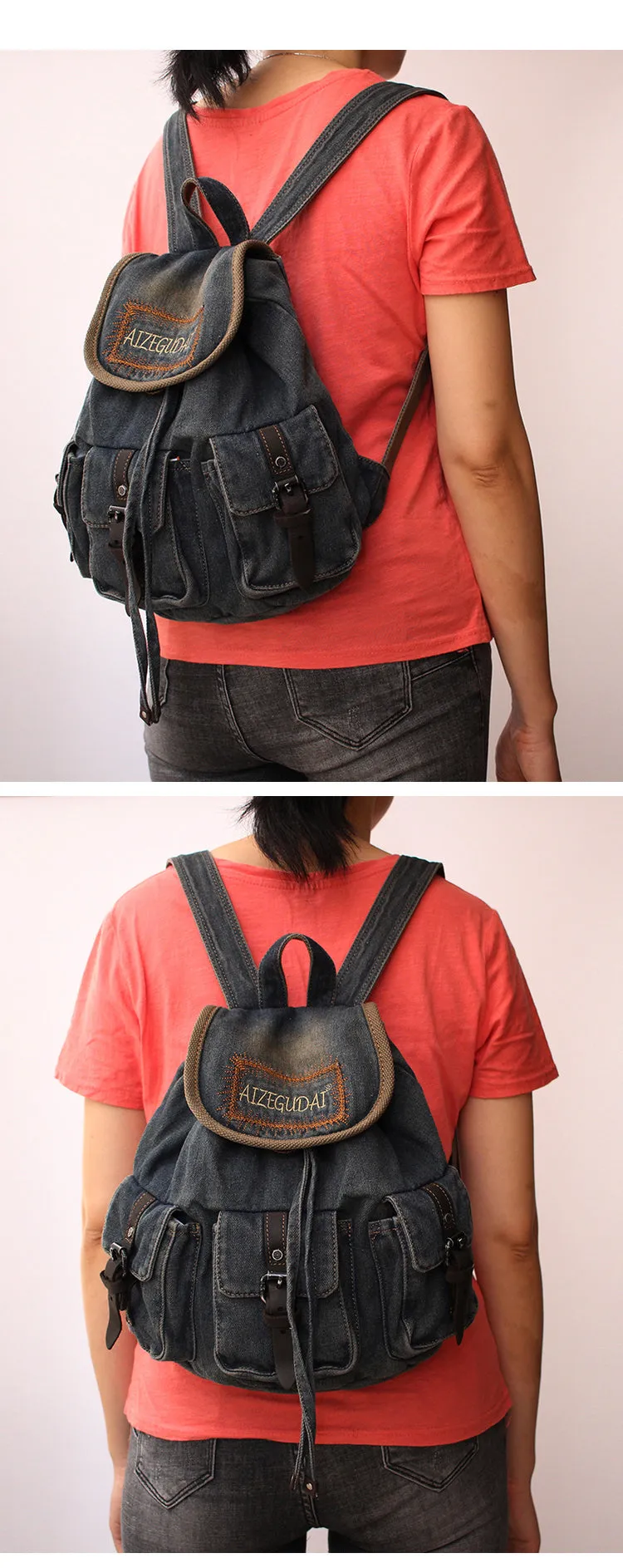 Vintage Womens Denim Backpack School Backpack Bag Blue Denim School Rucksack For Women