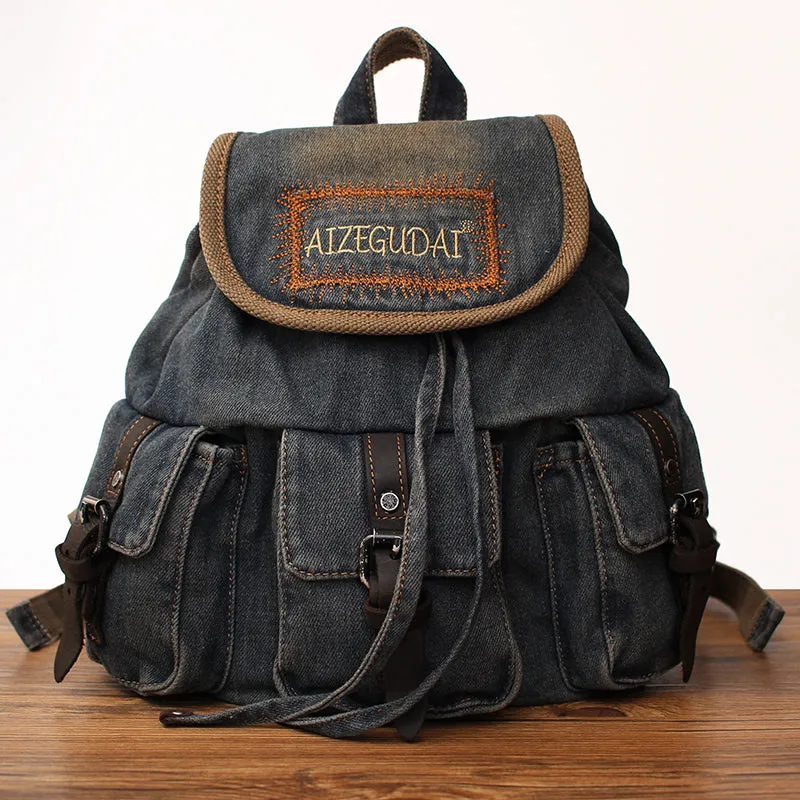 Vintage Womens Denim Backpack School Backpack Bag Blue Denim School Rucksack For Women
