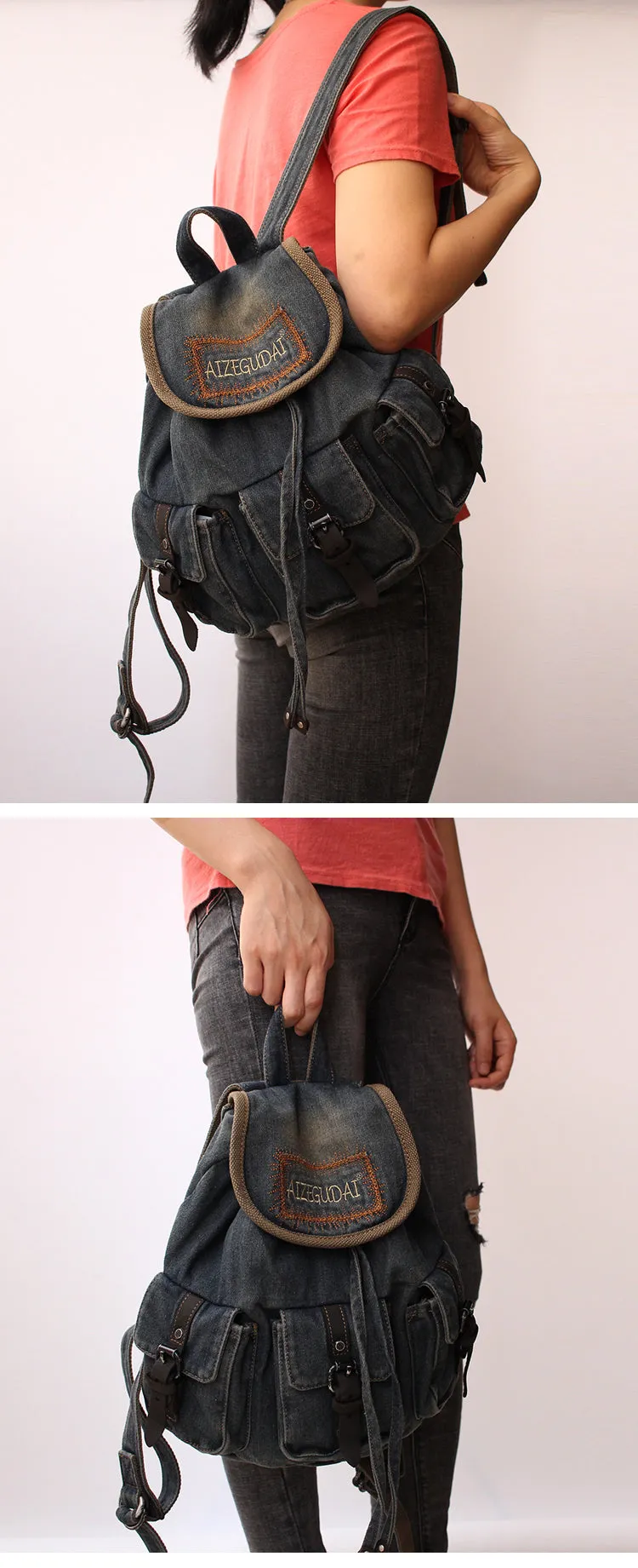 Vintage Womens Denim Backpack School Backpack Bag Blue Denim School Rucksack For Women