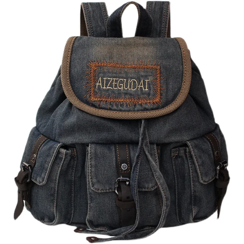 Vintage Womens Denim Backpack School Backpack Bag Blue Denim School Rucksack For Women