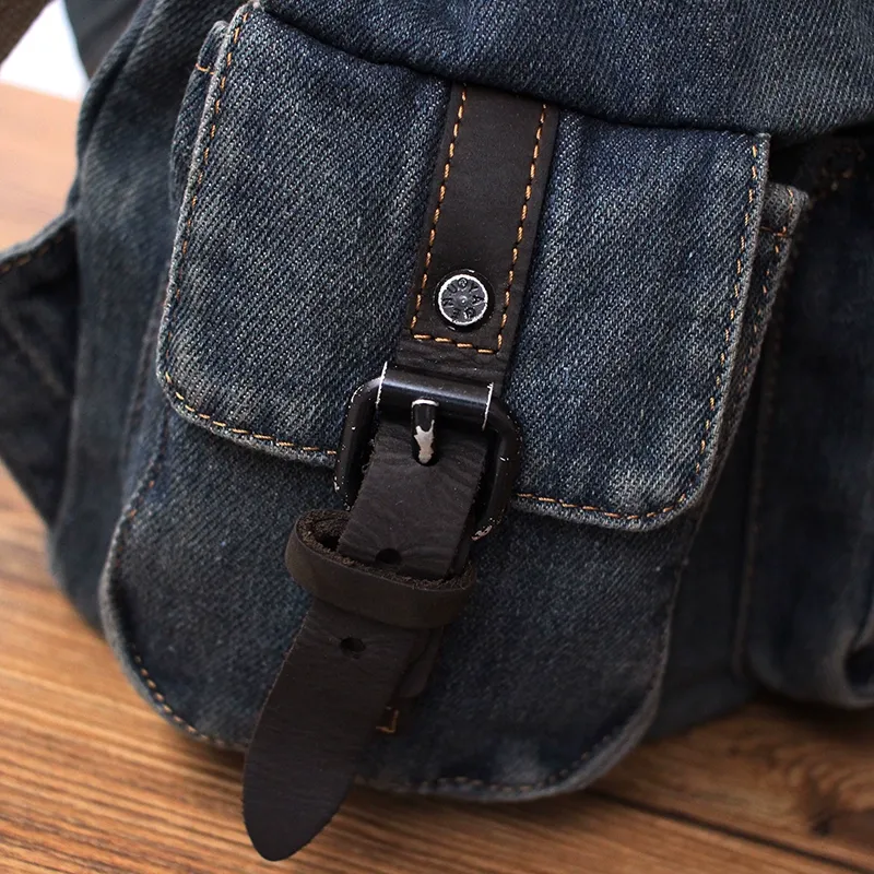 Vintage Womens Denim Backpack School Backpack Bag Blue Denim School Rucksack For Women