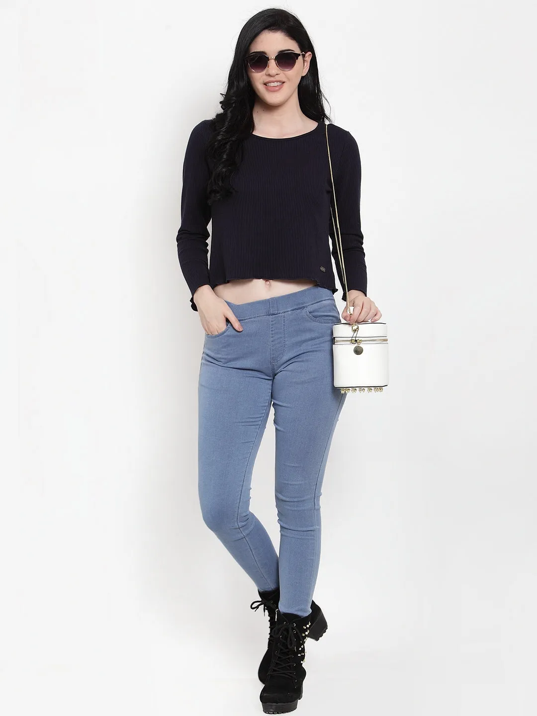 Women Navy Blue Hosiery Round neck Solid T-Shirt
