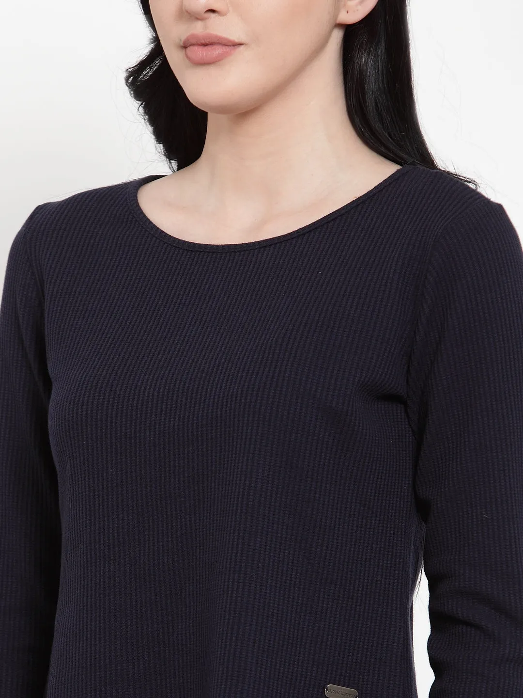 Women Navy Blue Hosiery Round neck Solid T-Shirt