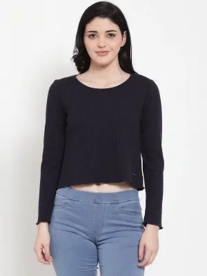 Women Navy Blue Hosiery Round neck Solid T-Shirt