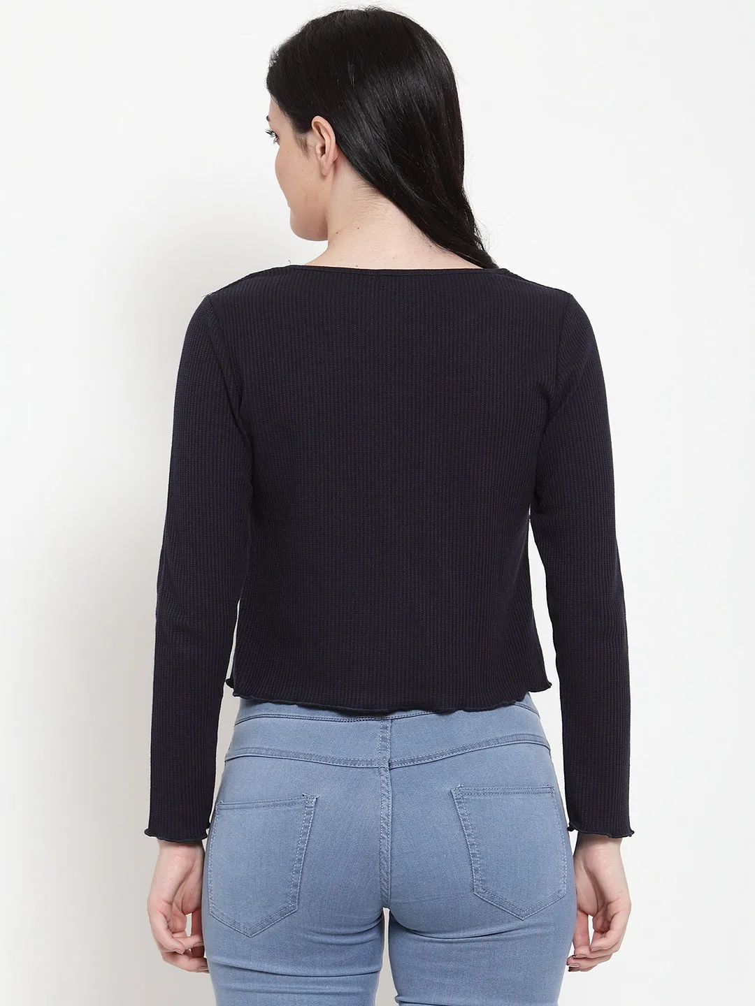 Women Navy Blue Hosiery Round neck Solid T-Shirt