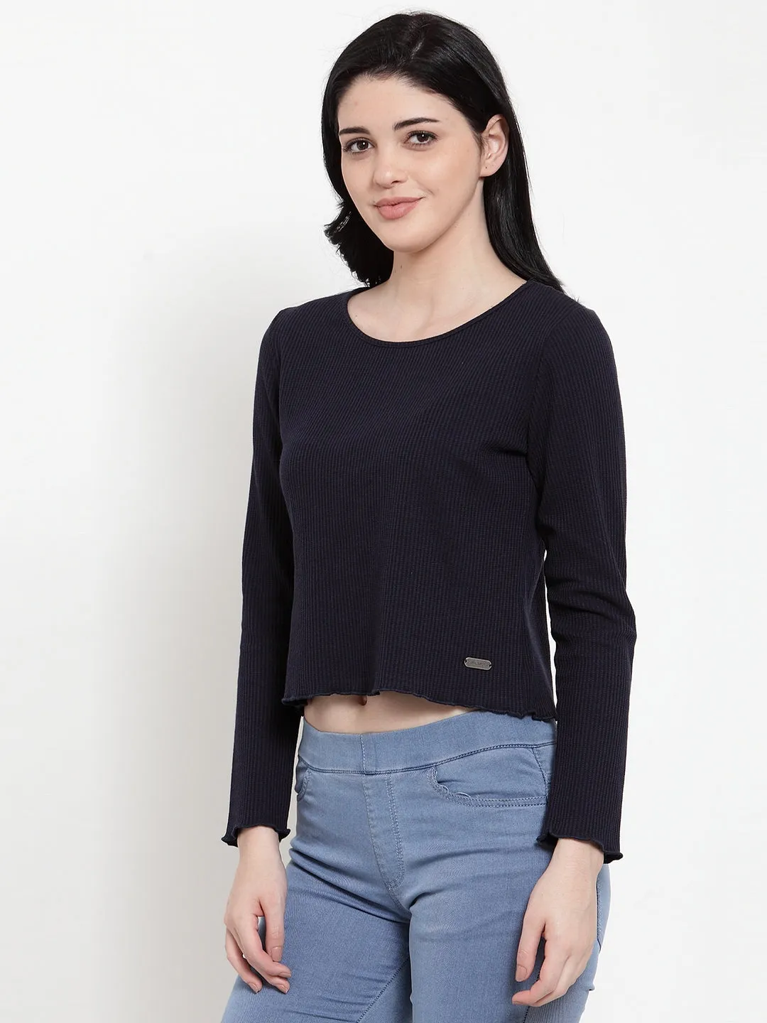 Women Navy Blue Hosiery Round neck Solid T-Shirt