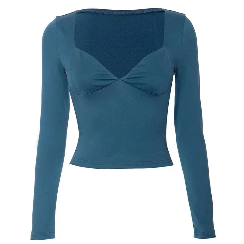 Womens Winter Tops Long Sleeves Deep V Neck Casual Sexy T Shirts 90s Vintage Clothes Blue Black Tees P85-BC14
